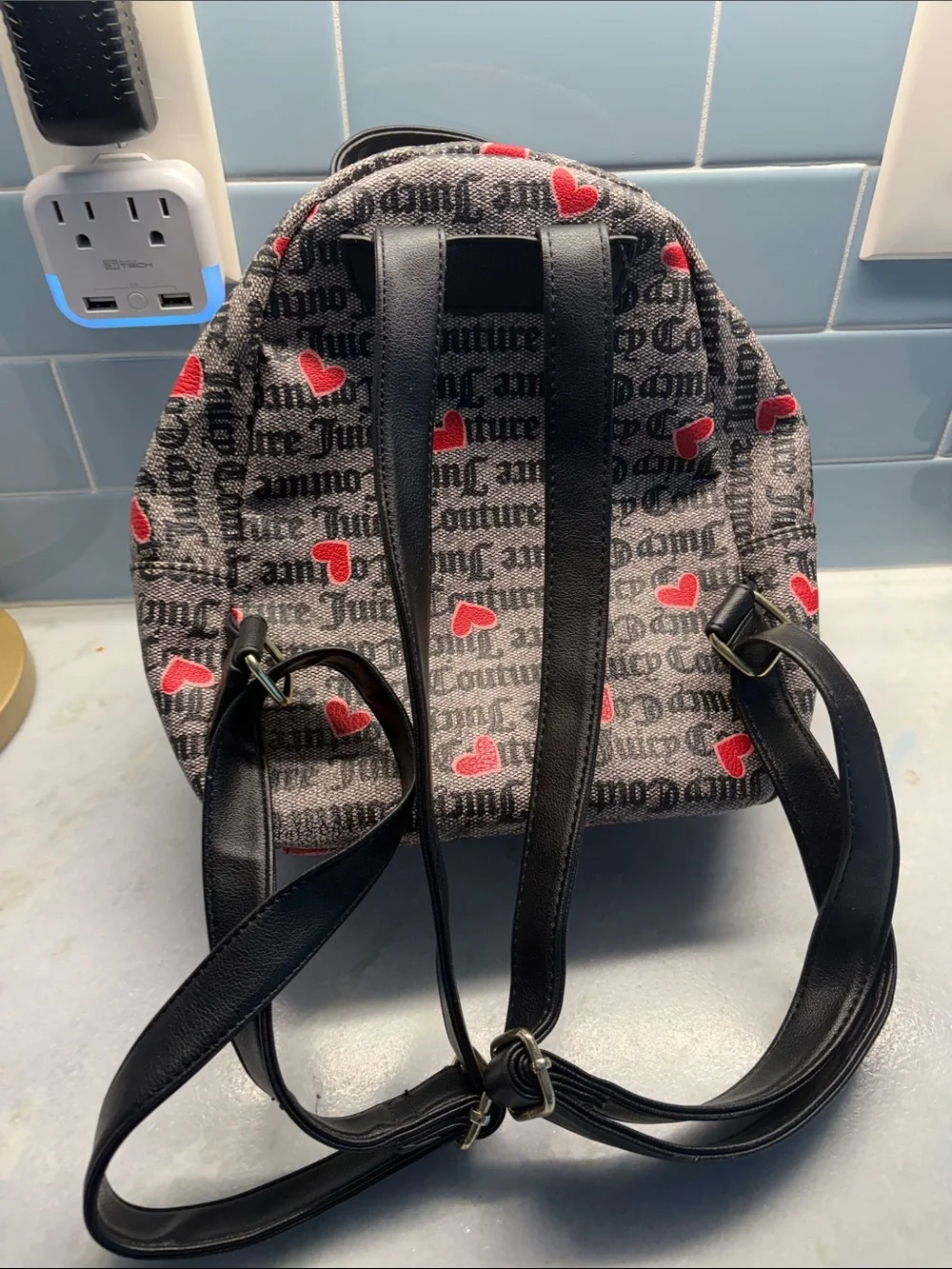 Juicy Couture Black Logo Canvas Mini Backpack with Red Hearts